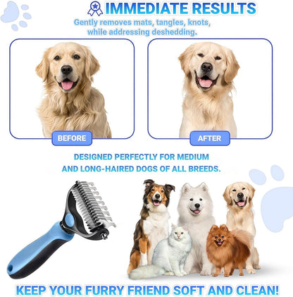 2026 New Double-Sided Deshedding Dematting Tool, Undercoat Rake for Dogs & Cats, Extra-Wide Dog Grooming Brush & Deshedder Comb for Long Hair (Blue)