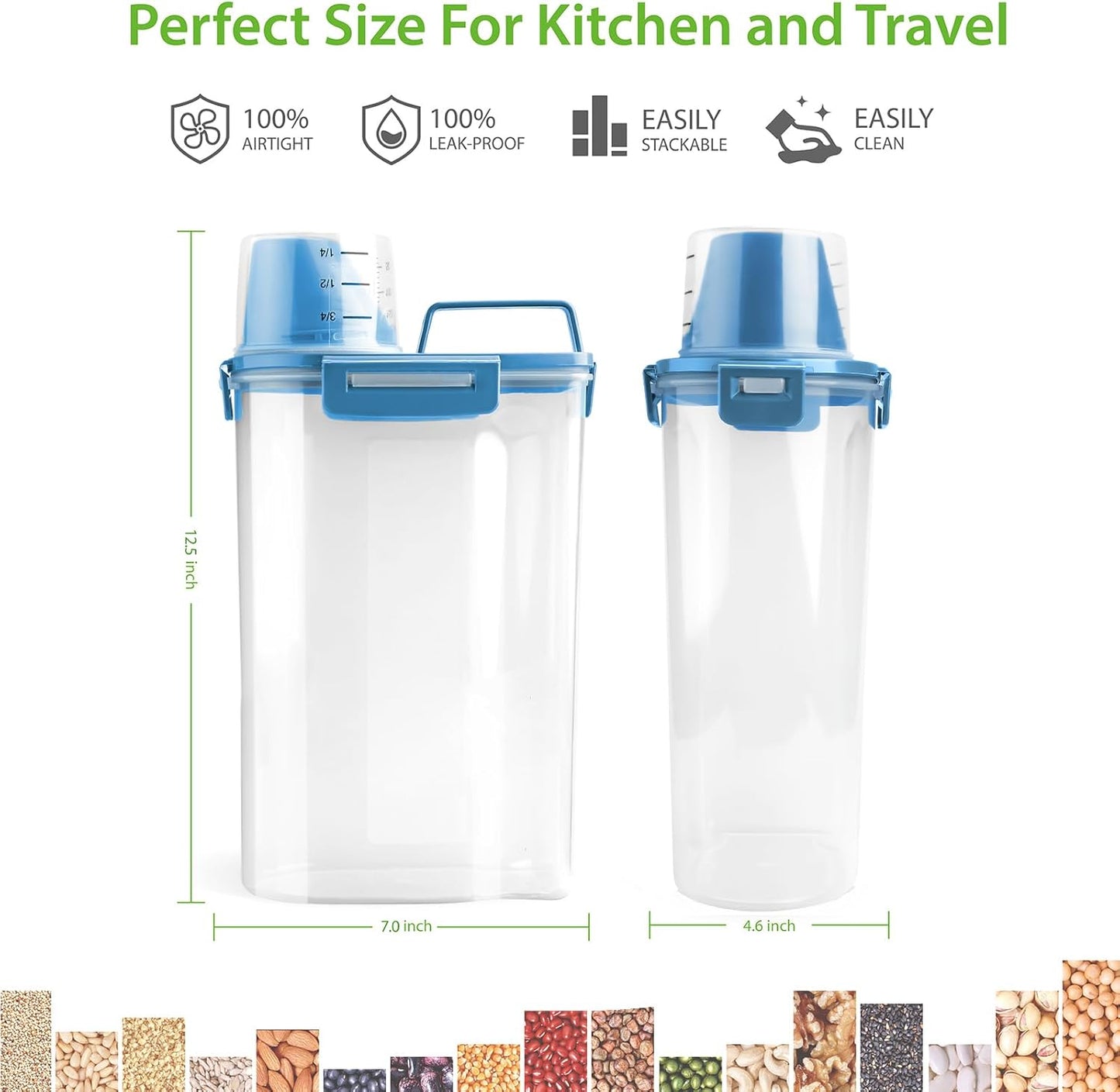 Viretec Rice Airtight Storage Container, 3 to 5Lbs Cereal Dry Food Flour Bin, Pet Dog Cat Food Dispenser with Measuring Cup, BPA Free Clear Plastic Kitchen and Pantry Organization Bin for Sugar
