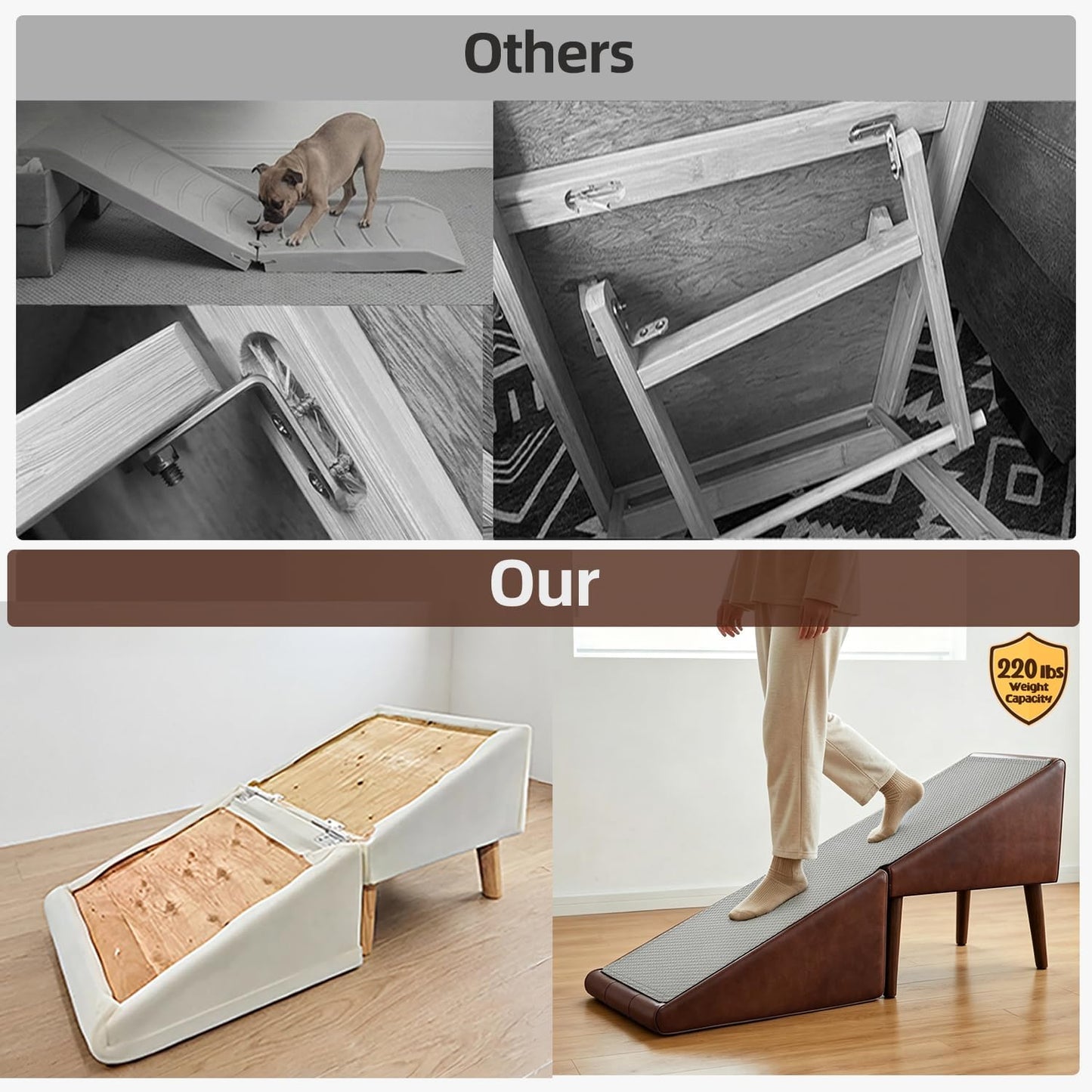 Dog Ramp for Bed, Wooden 23.62'' H Dog Stairs for Small/Medium-Sized Dogs and All Cats, Washable Non-Slip Silicone Surface pet Ramp, Foldable 2-in-1 Split Ottoman Design