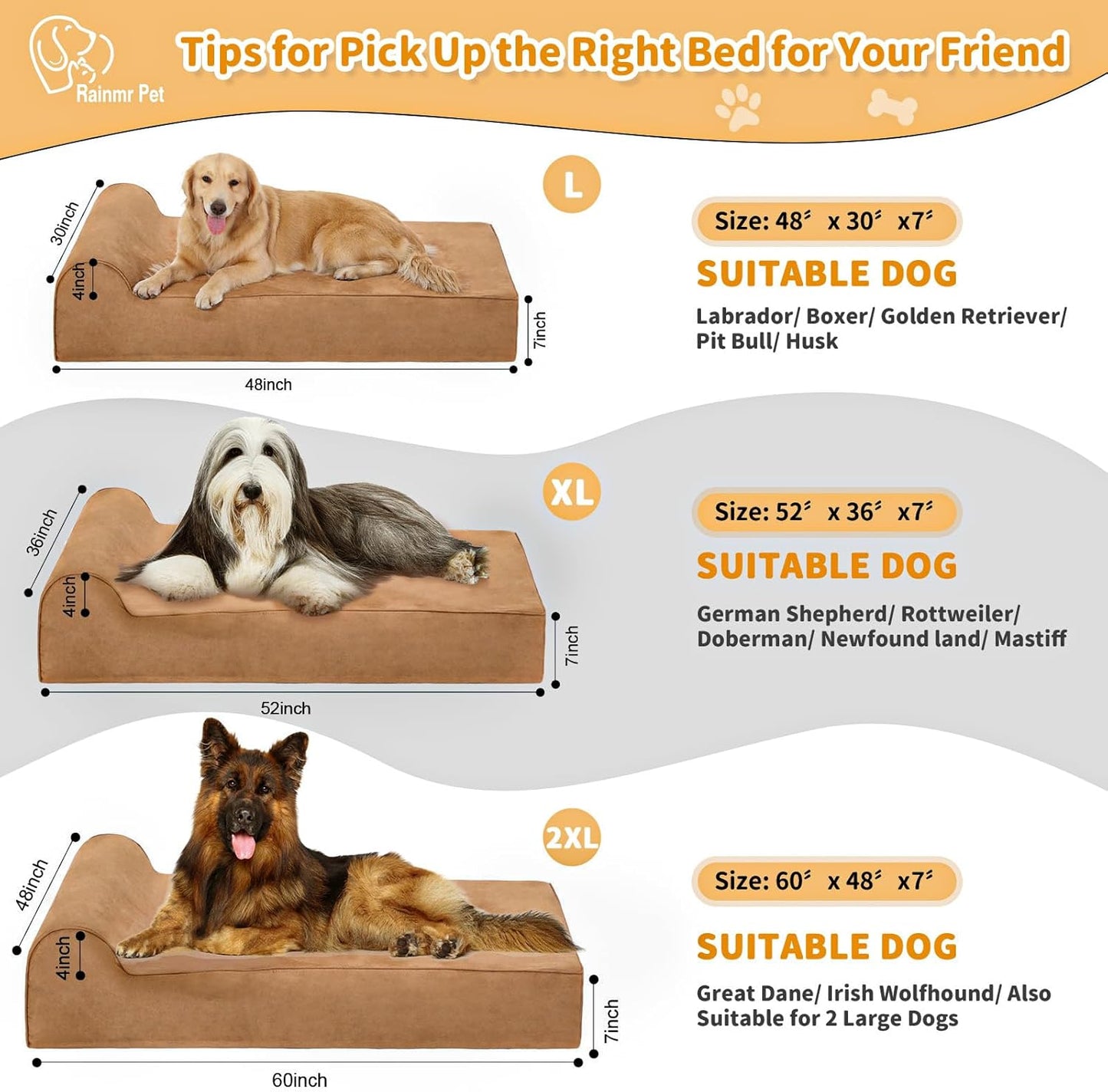 Rainmr Orthopedic Dog Beds for Large Dogs, 7" Memory Foam Dog Beds with Waterproof Liner, Durable Microsuede Cover, Removable and Washable, Nonskid Bottom, 48"x30"x7" L Grey