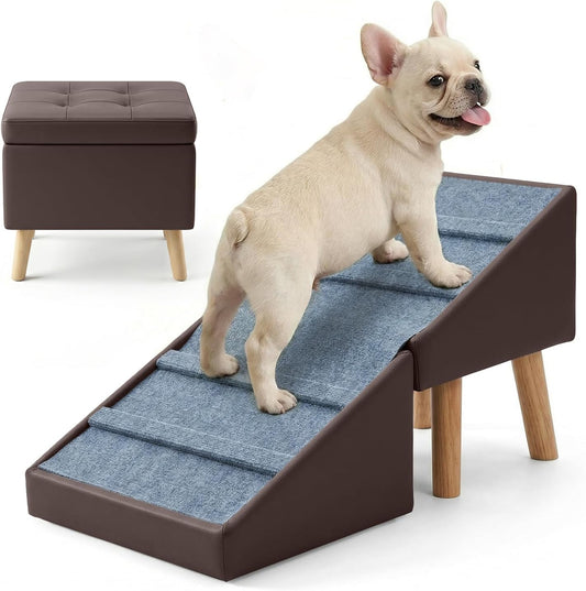 Dog Ramp for Small Dogs, 15.7" H 3-in-1 18.5" Extra Wide Foldable Ottoman & Hidden Storage Design Dog Stairs for Couch Sofa, Non-Slip Pet Steps for Puppy Senior Injured Dogs (White)