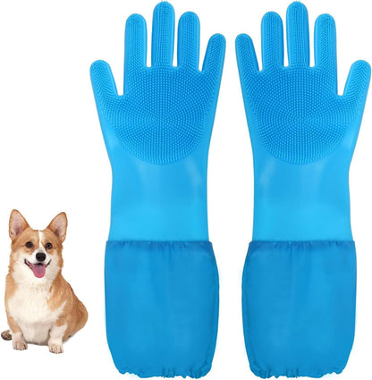 Dog Washing Gloves- Long Sleeved Pet Grooming Gloves - Heat Resistant Silicone Gloves with High-Density Teeth - Efficient Deshedding Glove for Dogs, Cats, Rabbits and Horses