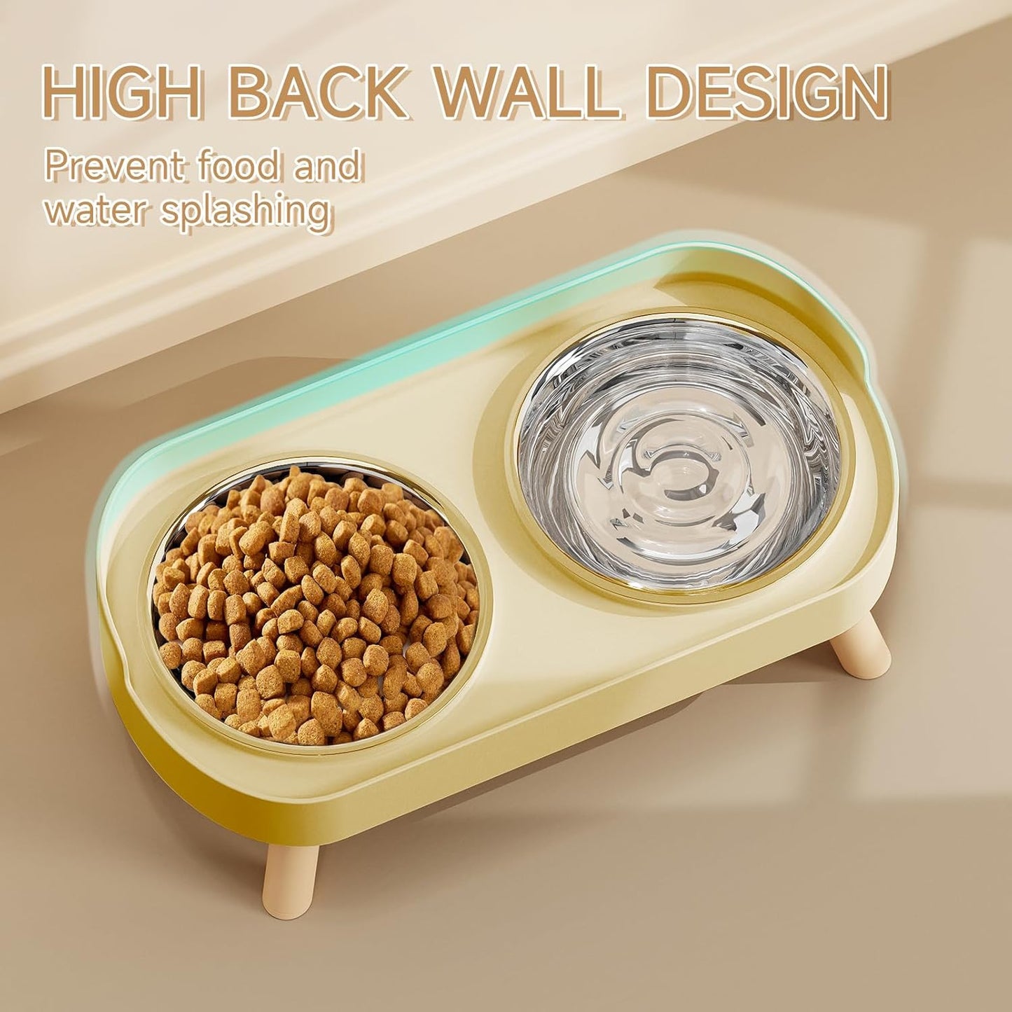 Elevated Cat Bowl, Raised Cat Food and Water Bowl Set for Indoor Cats, Splash Proof with 2 Stainless Steel Pet Food Bowls for Cats and Puppies, Whisker Fatigue and Dishwasher Safe - White
