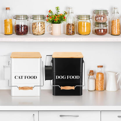 Tioncy 2 Pcs Metal Dog and Cat Food Storage Containers Big Pet Food Containers with Bamboo Lids and Spoon Airtight 5-7 Lbs Dog Cat Treat Snack Jars with DIY Labels for Kitchen Counter(White)