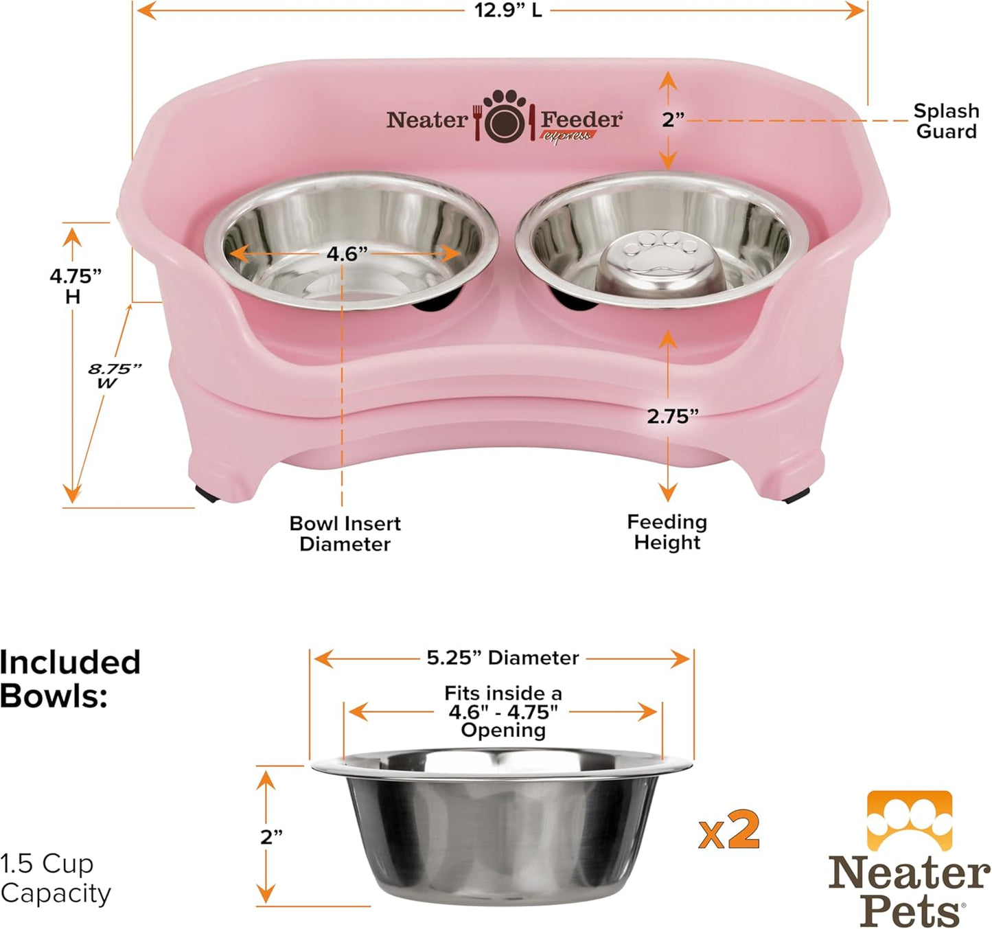 Neater Feeder Express Mess Proof Dog Bowls Elevated for Small Breeds under 15 Lb, Made in USA, No Spill Raised Dog Food Bowl Stand, Stainless Steel Food and Water Bowl Set, Feeding Station, Cappuccino