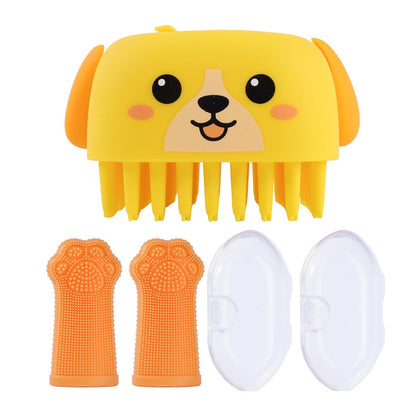 3PCS Pet Grooming Kit – Dog Bath Brush with Soap Dispenser & 2 Finger Toothbrushes | Silicone Dog Shampoo Brush for Small Medium Large Dogs, Soft Deshedding Massage Brush for Puppy & Cats