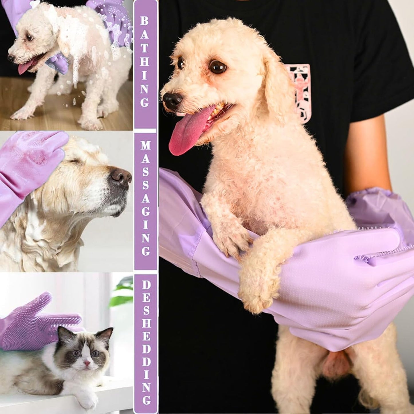 Dog Washing Gloves, Pet Grooming Gloves with Soft Brushes, Bathing and Massaging for Dogs and Cats, Silicone Heat Resistant Cleaning Gloves with High-Density Teeth (Gray)