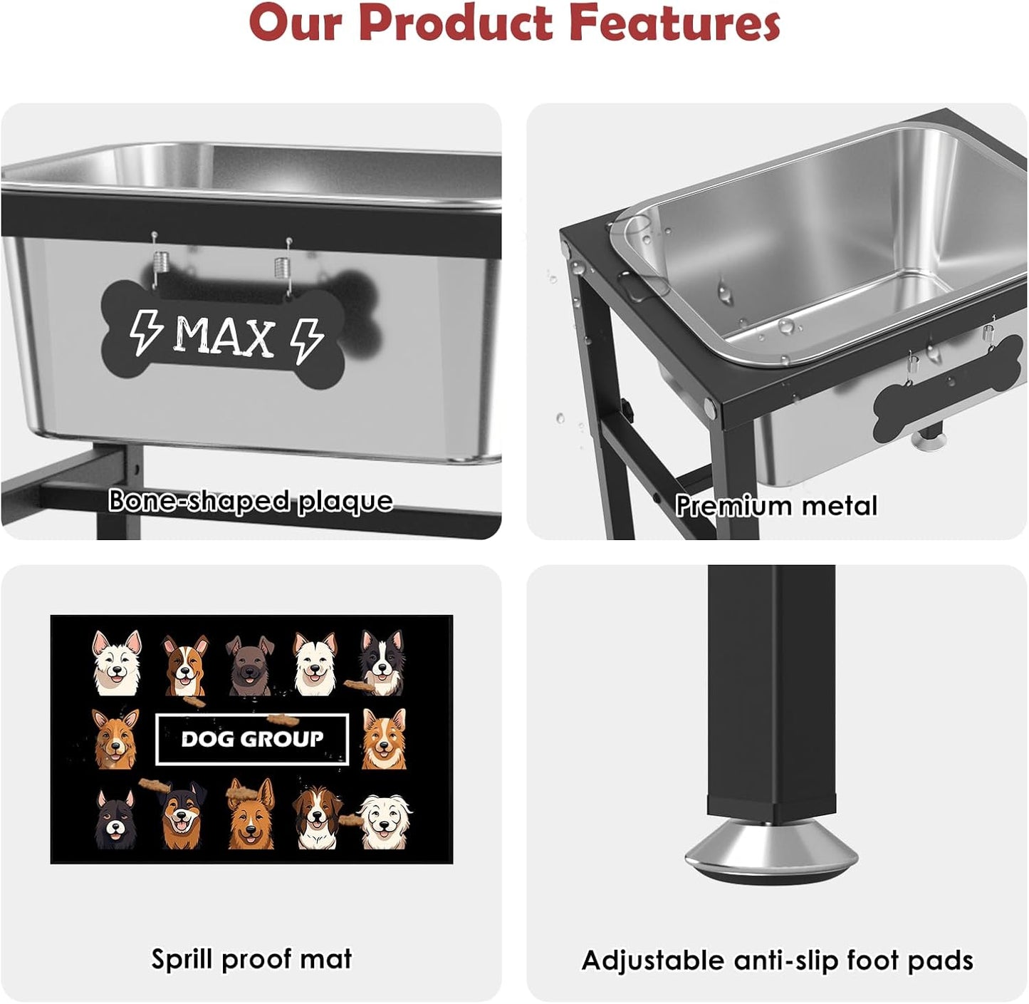 ADENGL 1.6 Gallon Elevated Dog Water Bowl for Large Dogs, 4-Height Adjustable (13–18'') Raised Stainless Steel Bowl with Spill-Proof Mat & Sturdy Metal Stand, Easy-Clean Feeder for Indoor/Outdoor Use