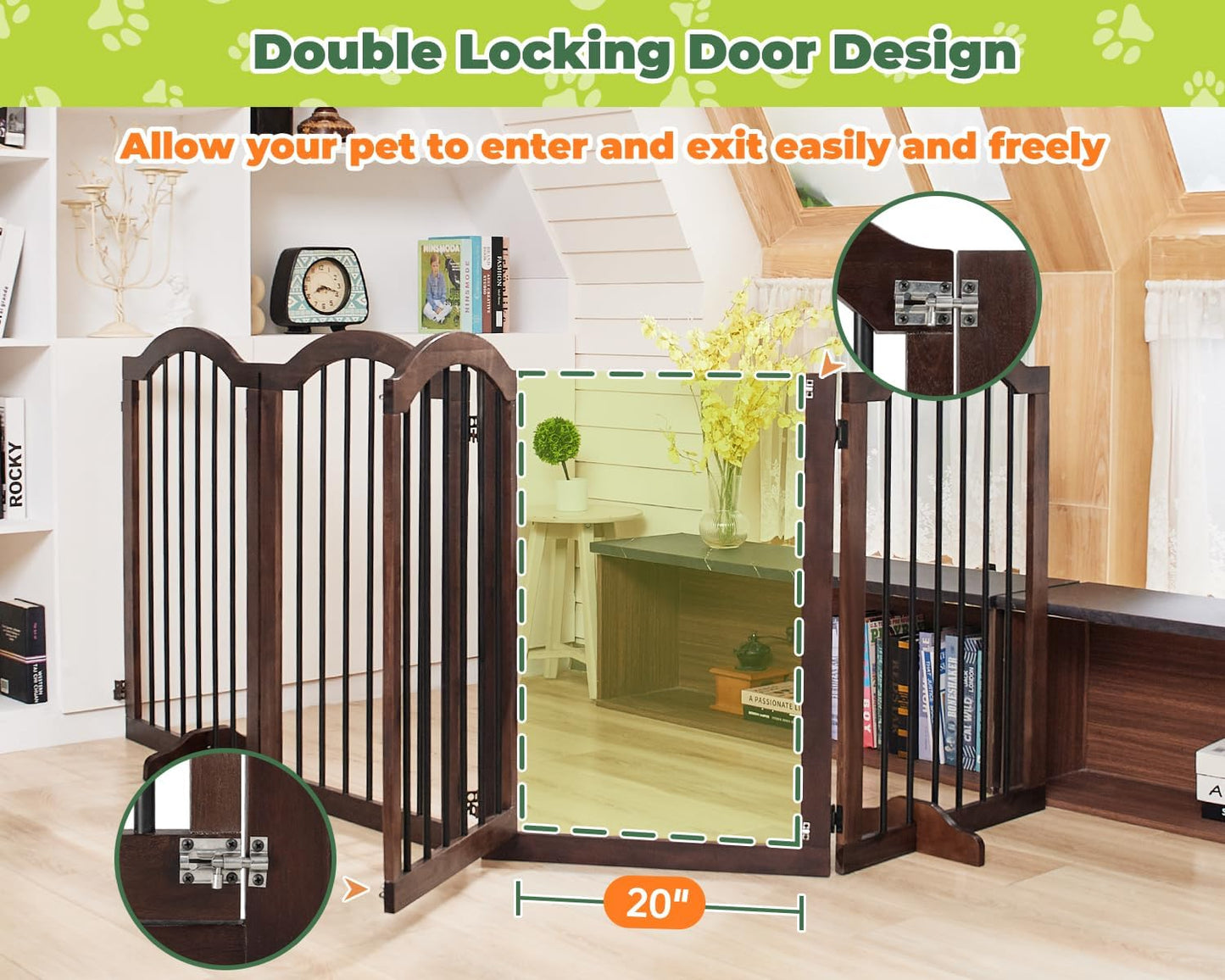 PrimeZone 144" Extra Wide Dog Gate - 36" Tall 6-Panel Solid Acacia Wooden Freestanding Puppy Gates with Door, Foldable Indoor Pet Fence for Doorways, Stairs, Support Feet Included, Brown