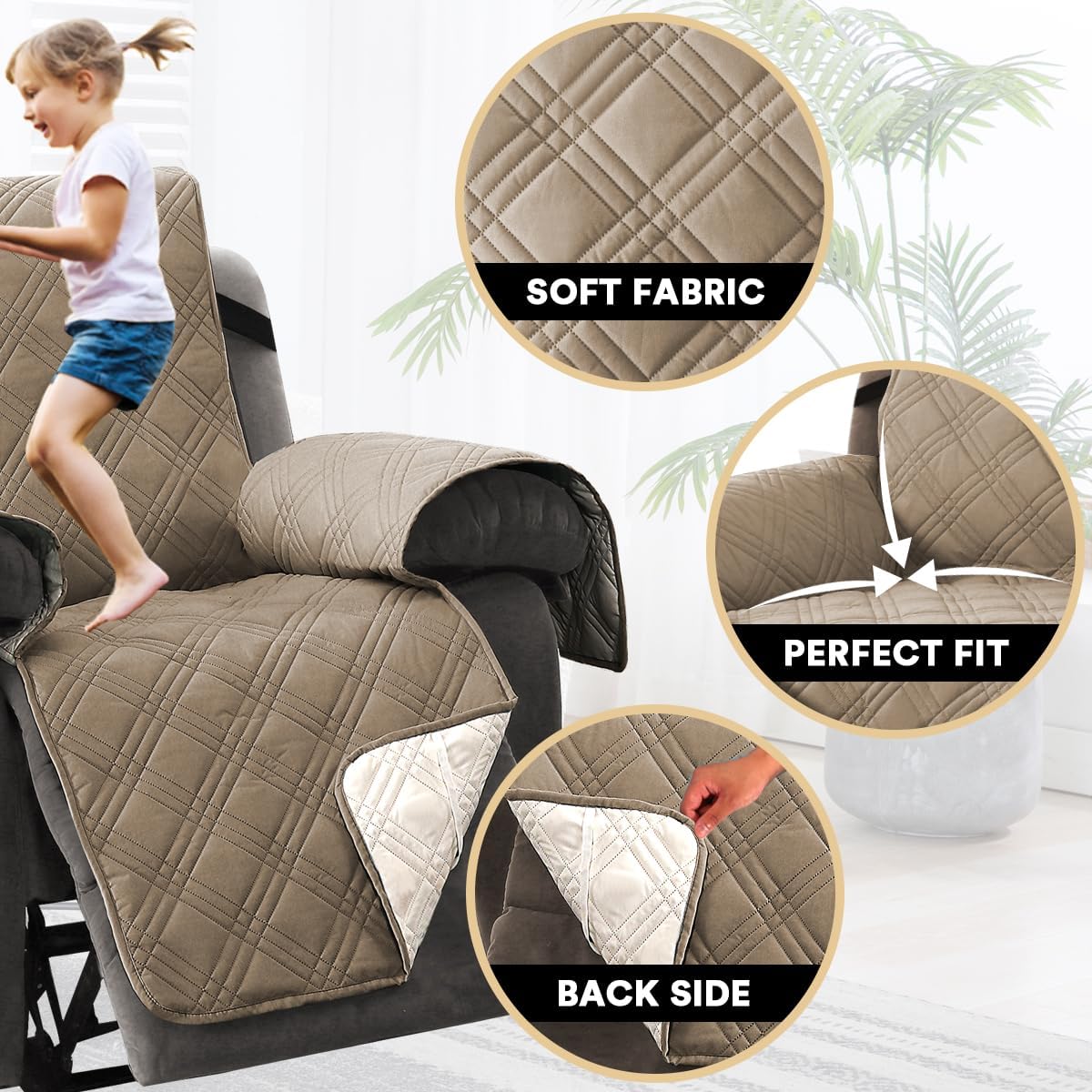 PrinceDeco 100% Waterproof Couch Cover for 3 Cushion Couch Sofa Pet Friendly Non-Slip Couch Cover for Dogs Washable Water Resistant Furniture Protector with Elastic Straps(Sofa 68", French Oak)