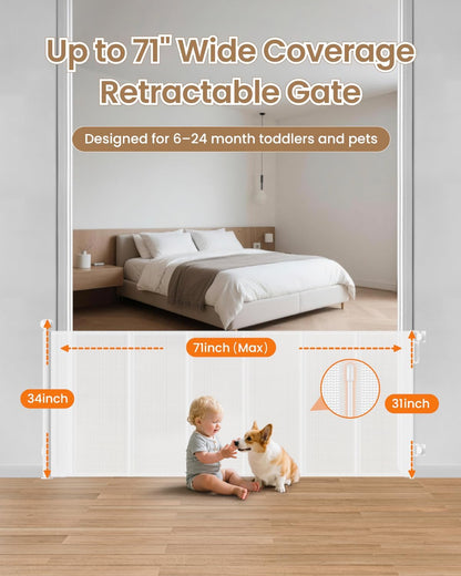 Retractable Baby Gate, 55" Wide Mesh Gate with 4 Reinforced Rods, Prevents Kids & Dogs from Crawling Under, 34" Tall Easy-to-Use Pet Gate for Stairs, Bedrooms, Hallways, Indoor/Outdoor, White