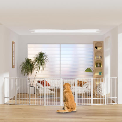 SNUOWU Full Metal Freestanding Dog Gate with Door, 32''Height Foldable Pet Dog Fence for Indoor & Outdoor, 4 Panels Extra Wide Free Standing TallDog Gates for Doorways,House,Stairs,Porch,Deck,Yard