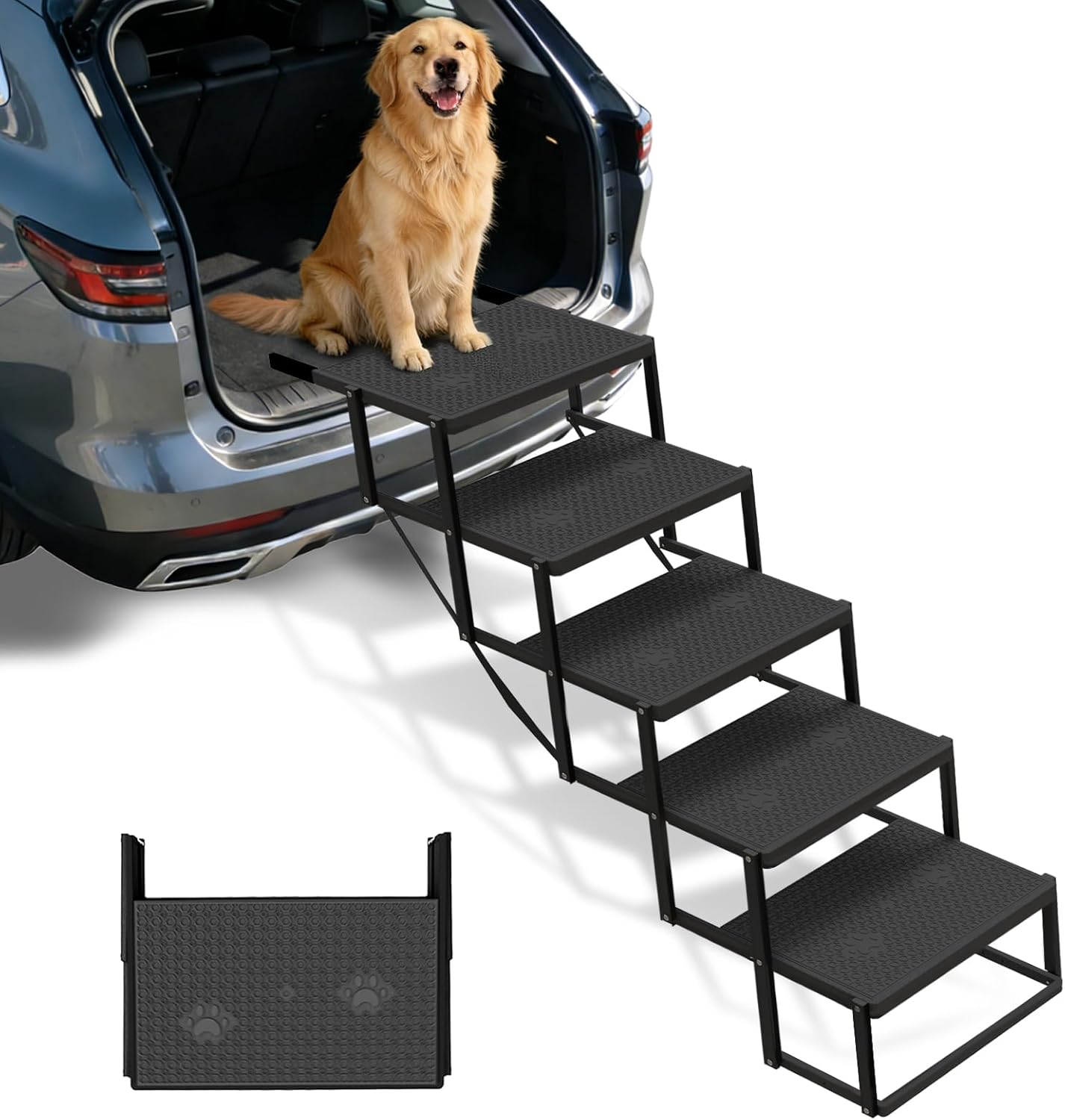 Dog Steps for Car, Truck, SUV, Dog Stairs for Car with Upgraded Non-Slip Surface, Foldable Dog Ramp for Car, Pet Stairs for Large Dogs, 4 Steps