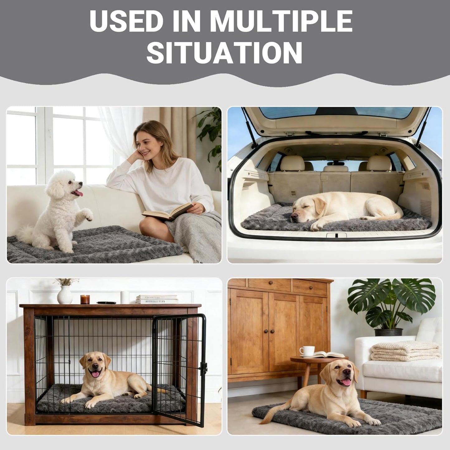 Washable Dog Bed Mat Ultra Soft Dog Crate Pad Comfy Fluffy Pet Kennel Beds Sleeping Mattress for Large Jumbo Medium Small Dogs, 36 x 23 Inch, Gray
