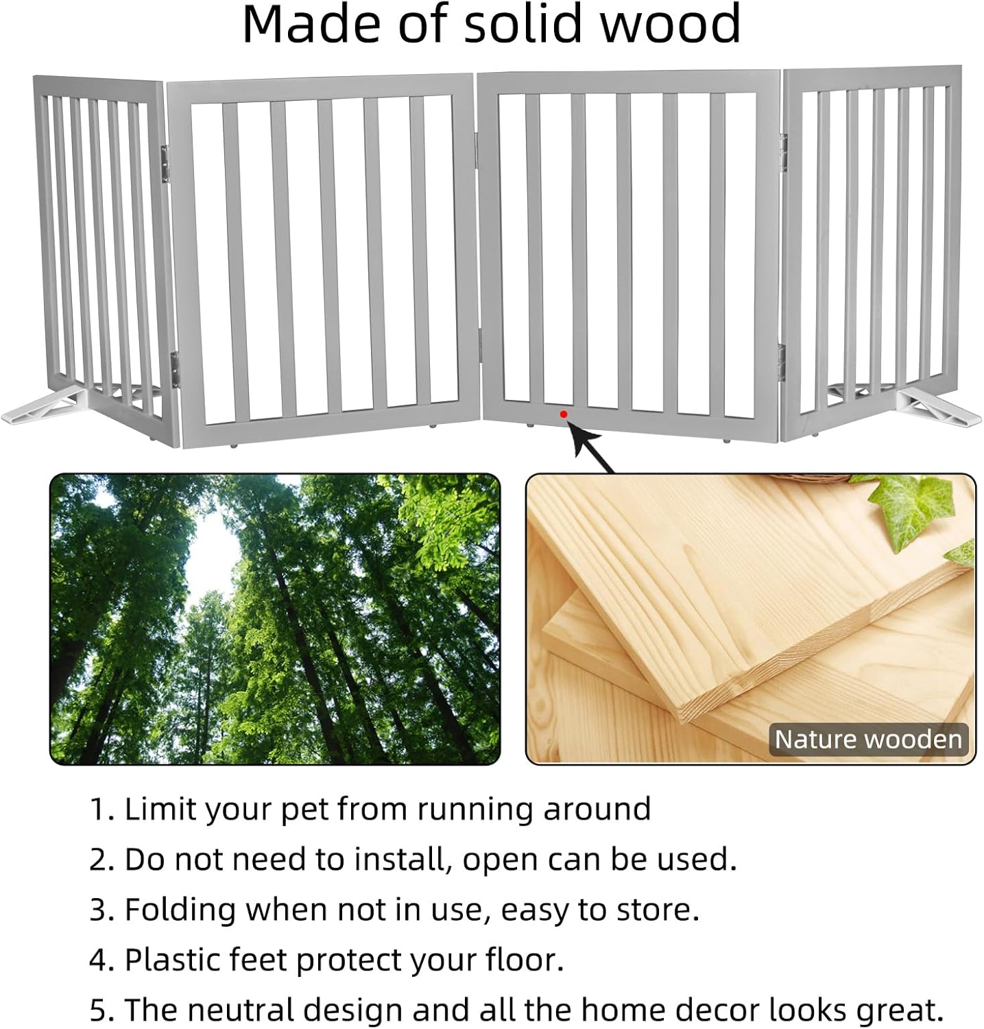 Dog Gate Indoor, Freestanding Dog Fence for The House, Doorways, Hallways,or Stairs,Pet Gate Foldable Wooden,Expandable 24" Height 3 Panels,White