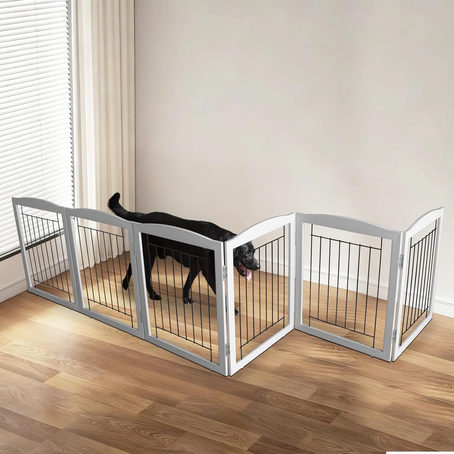 ZJSF Freestanding Foldable Dog Gate for House Extra Wide Wooden White Indoor Puppy Gate Stairs Doorways Pet Gate Tall Dog Fence 3 Panels Fence