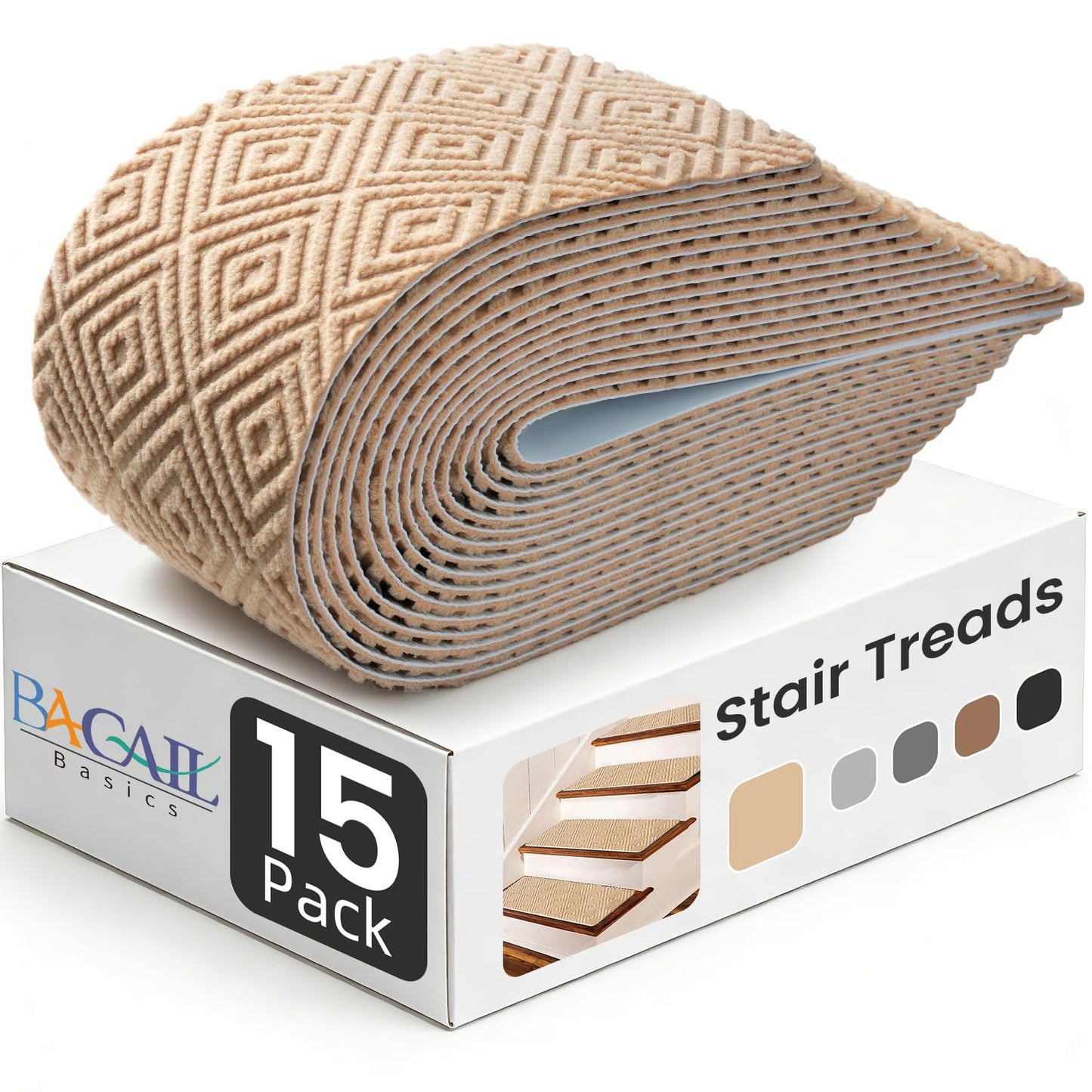 BAGAIL 15 Pack Non-Slip Stair Treads for Wooden Steps, 8"x30" Peel and Stick Carpet Stair Runners, Machine Washable Indoor Step Covers with No-Residue Adhesive for Dogs, Kids & Elderly - Dark Gray