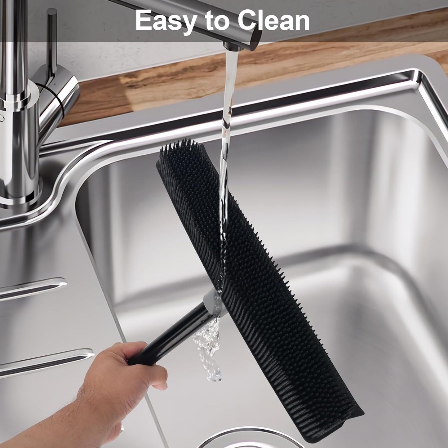Rubber Broom Carpet Rake for Pet Hair Removal, Fur Remover Broom with 59" Telescoping Long Handle, Pet Hair Broom with Squeegee for Carpet, Hardwood Floor, Tile