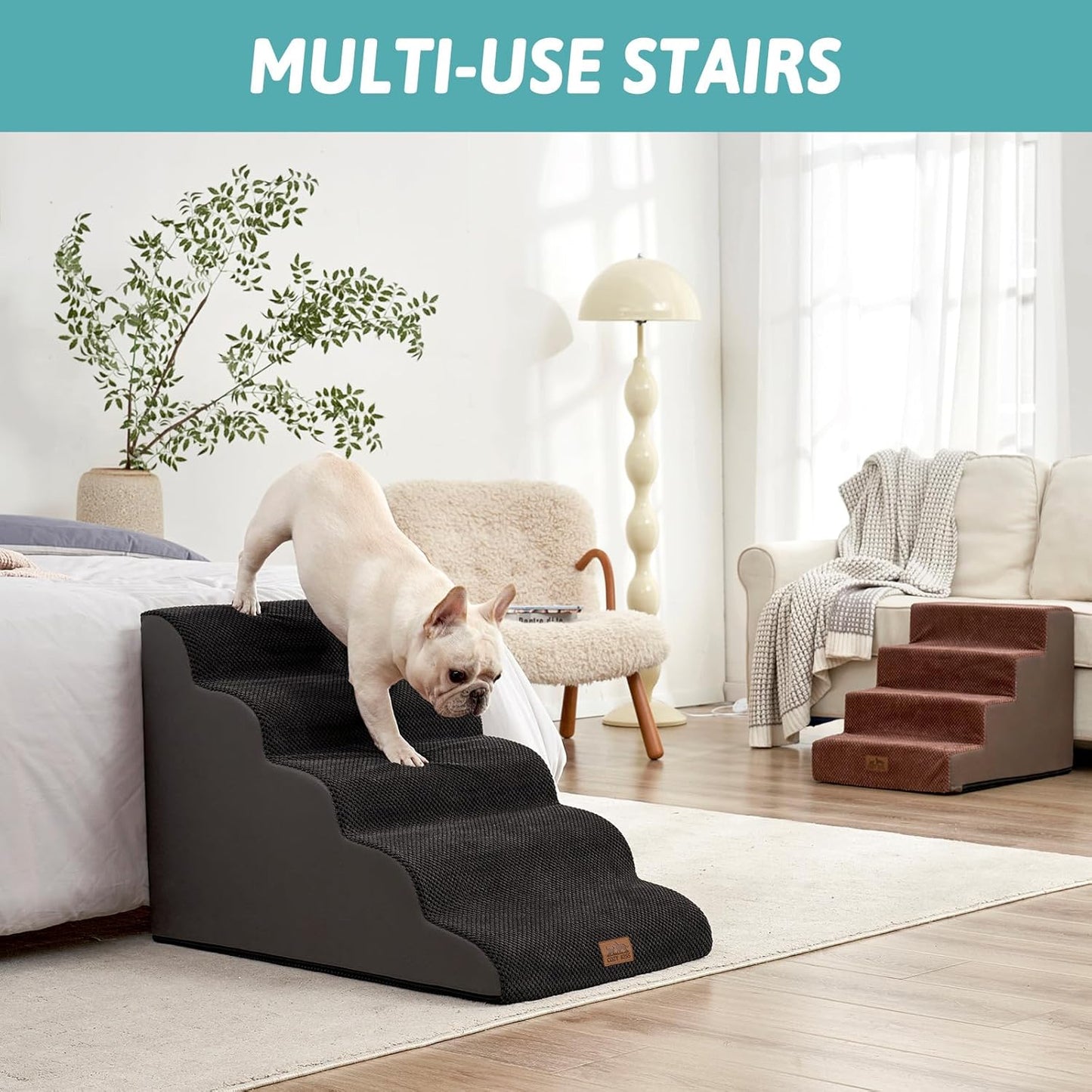 COZY KISS Extra Wide Dog Stairs with Tunnel, Foam Detachable Large Dog Step for Small Pet, Puppy or Cats, Medium Pet Ramp for High Bed, Couch, Sofa or Car, 19.7x33x22.4 inch, 5 Step, Beige