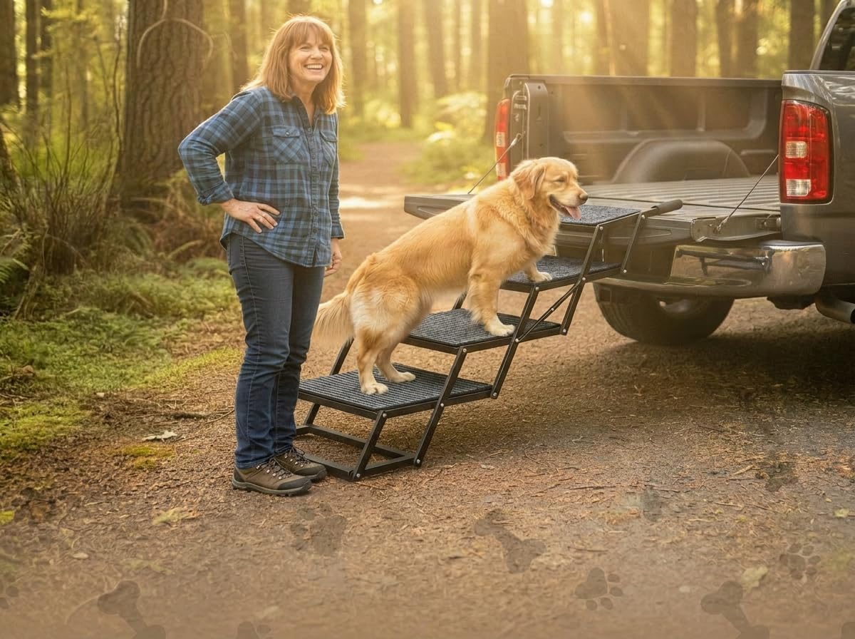 Foldable Dog Stairs for Cars Trucks & SUVs - Heavy-Duty Carbon Steel Pet Ladder Supports 230LB - Non-Slip Metal Mesh Joint-Friendly Portable Ramp for Large Dogs - 5 Step Pet Stairs w/Mat