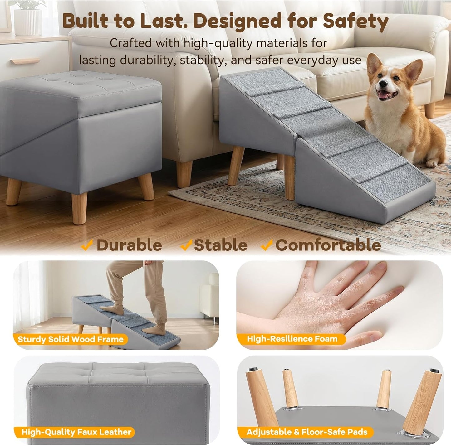 Dog Ramp for Small Dogs, 15.7" H 3-in-1 18.5" Extra Wide Foldable Ottoman & Hidden Storage Design Dog Stairs for Couch Sofa, Non-Slip Pet Steps for Puppy Senior Injured Dogs (White)