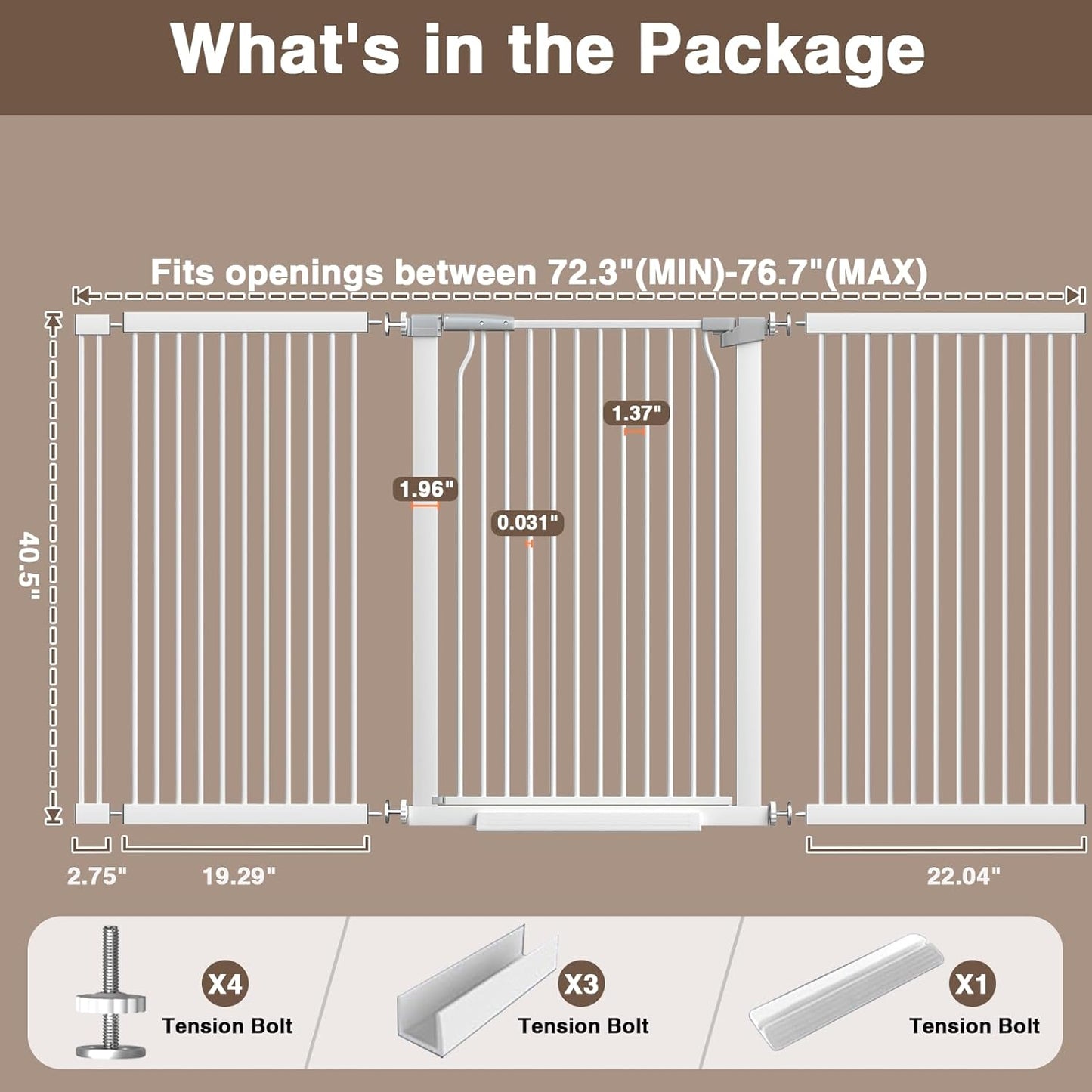 41" Extra Tall Cat Gate for Doorway, 49.2-54.7 Metal Pet Baby Safe Gate, Extra Wide Pressure Mounted Child Door with Expansion Kit, No Drilling No Climb Cat Fence Indoor, Tall Dog Gate, White