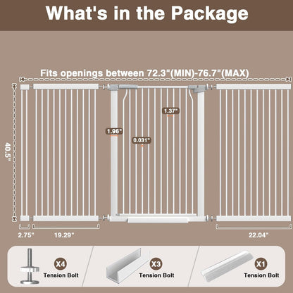41" Extra Tall Cat Gate for Doorway, 49.2-54.7 Metal Pet Baby Safe Gate, Extra Wide Pressure Mounted Child Door with Expansion Kit, No Drilling No Climb Cat Fence Indoor, Tall Dog Gate, White