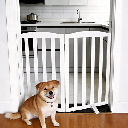 Freestanding Dog Gate Indoor,Doggie Gate Foldable Dog Gates for Doorways,Stairs or Hallways, Wooden White Pet Gate for the House, Pet Fence with Support Feet Included,24 "Height-4 Panels