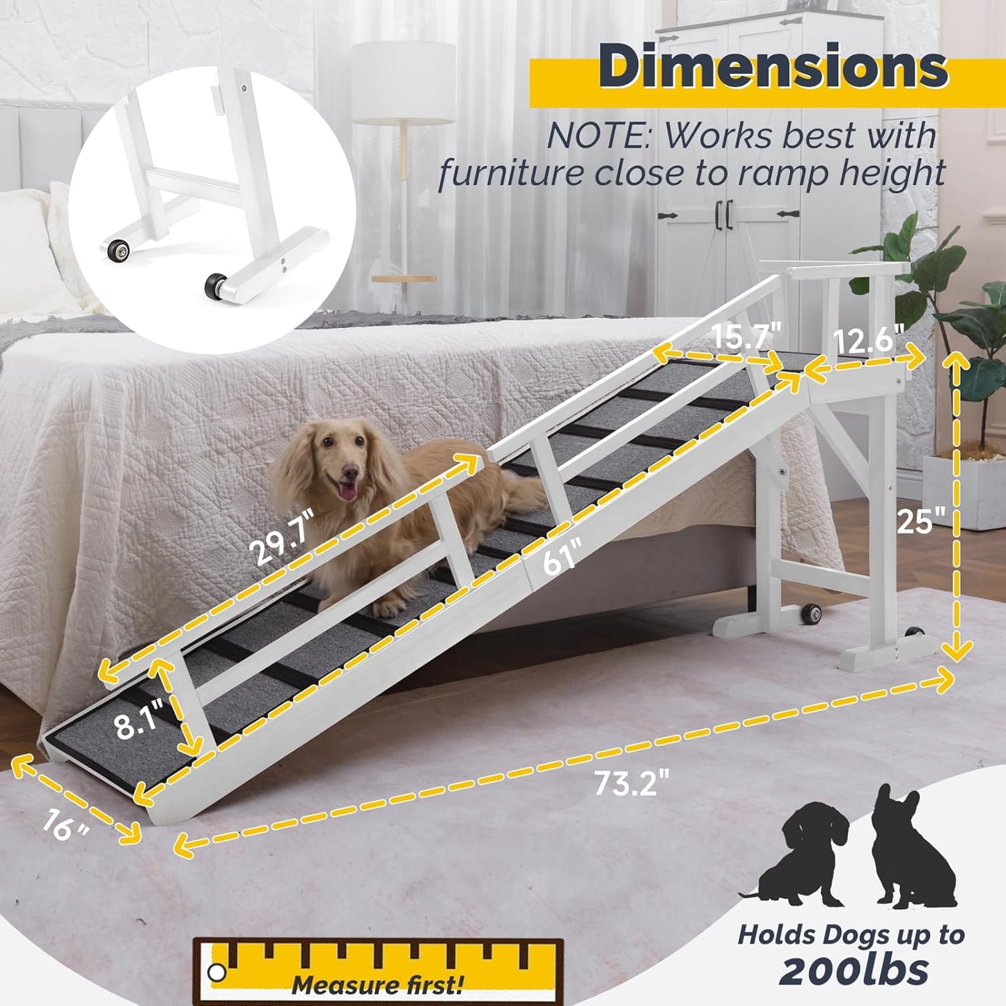 Dog Ramp for Bed or Couch, Wooden Pet Ramp with 20° Gentle Slope, Removable Side Rails, Non-Slip Surface, Top Platform & Wheels, Safe Bed Ramp for Small, Large & Senior Dogs, 60" Long, Mahogany