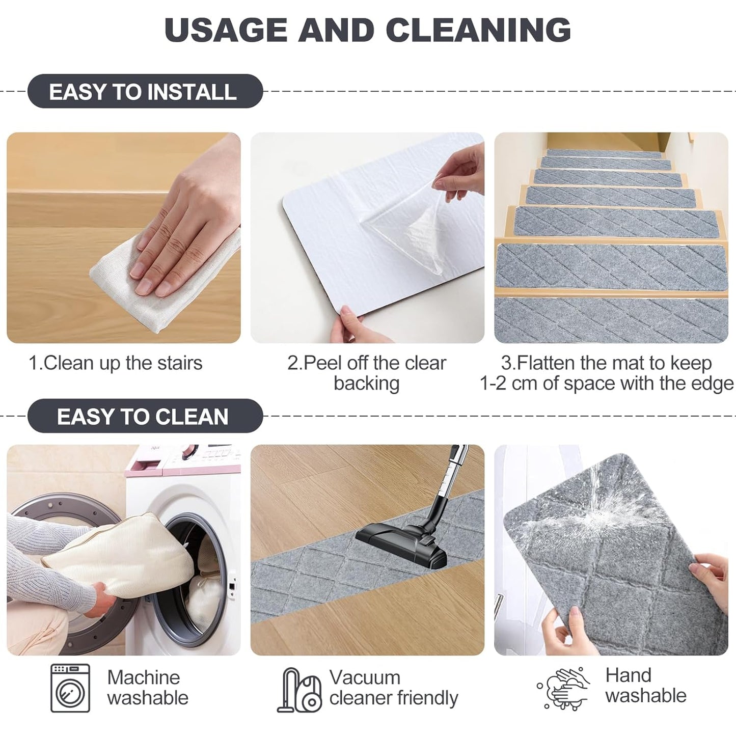 Stair Treads for Wooden Steps, 8" x 30" Non Slip Stair Runner, Peel and Stick Carpet Stair Treads with Reusable Adhesive, Indoor Stair Rugs Covers Mats Pads for Kids Elders Dogs, Brown 15Pcs