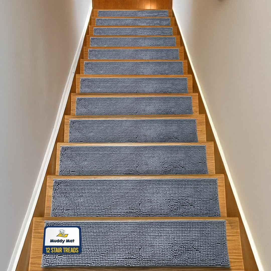 Muddy Mat® Pack of 4 - Soft Chenille Stair Treads Non-Slip Reusable, Super Absorbent Stair Treads for Wooden Steps, Tile & Marble Floor, Easy to Install & Machine Washable - Grey 30'' x 7''