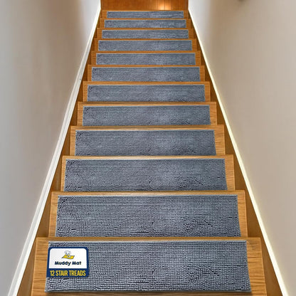Muddy Mat® Pack of 4 - Soft Chenille Stair Treads Non-Slip Reusable, Super Absorbent Stair Treads for Wooden Steps, Tile & Marble Floor, Easy to Install & Machine Washable - Grey 30'' x 7''