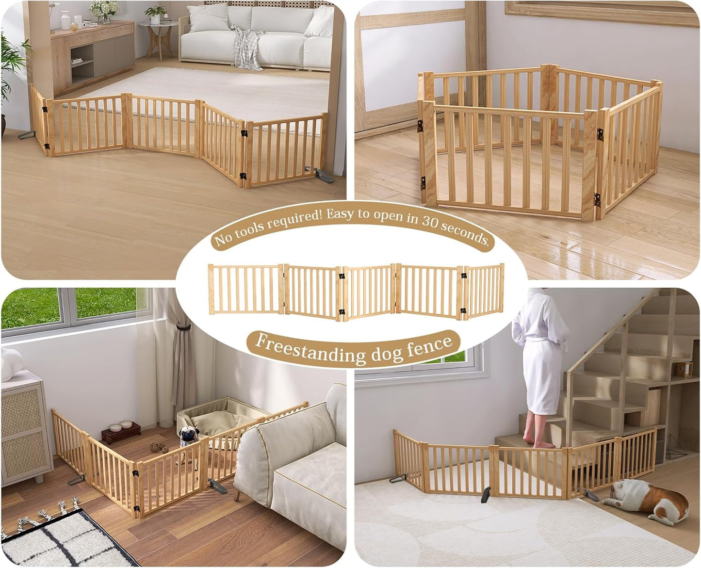 Wooden Freestanding Dog Gates,23" H Foldable Wood Pet Gate Indoor, No-Painted Puppy Gate for Doorways, Stairs, 23" Height-2 Panels