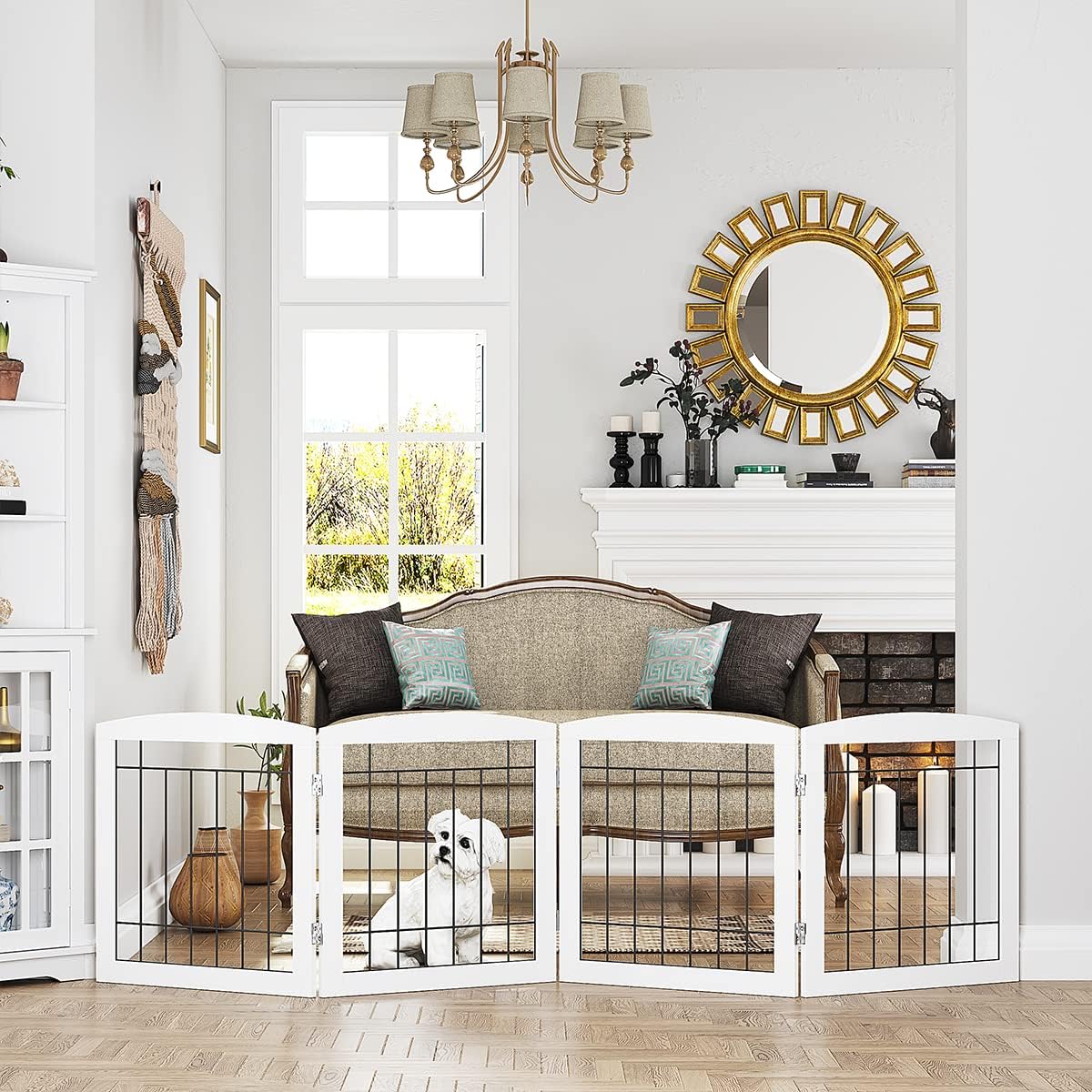 PAWLAND Free Standing Dog Gates for The House Stairs Doorways Indoor Foldable Wooden Small White Puppy Pet Gate Step Over Fence 60" W 24" H 3 Panels