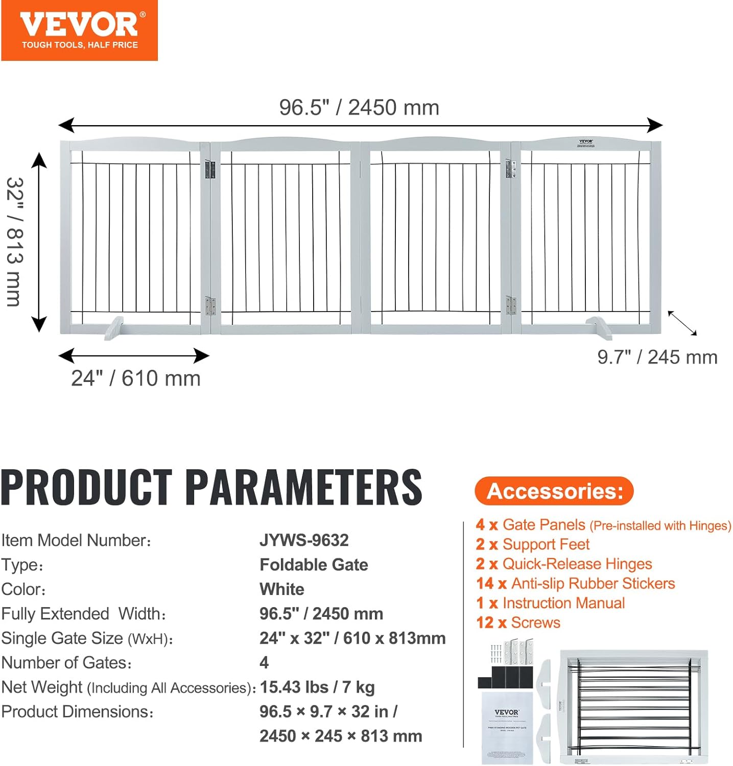 VEVOR Freestanding Pet Gate, Wooden 24" H x 80" W, 4-Panel Foldable Gate for Wide & Narrow Passageways, Expandable Dog Barrier with Silent Foot Support, White