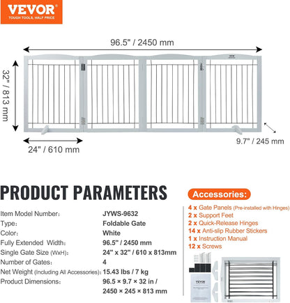 VEVOR Freestanding Pet Gate, Wooden 24" H x 80" W, 4-Panel Foldable Gate for Wide & Narrow Passageways, Expandable Dog Barrier with Silent Foot Support, White