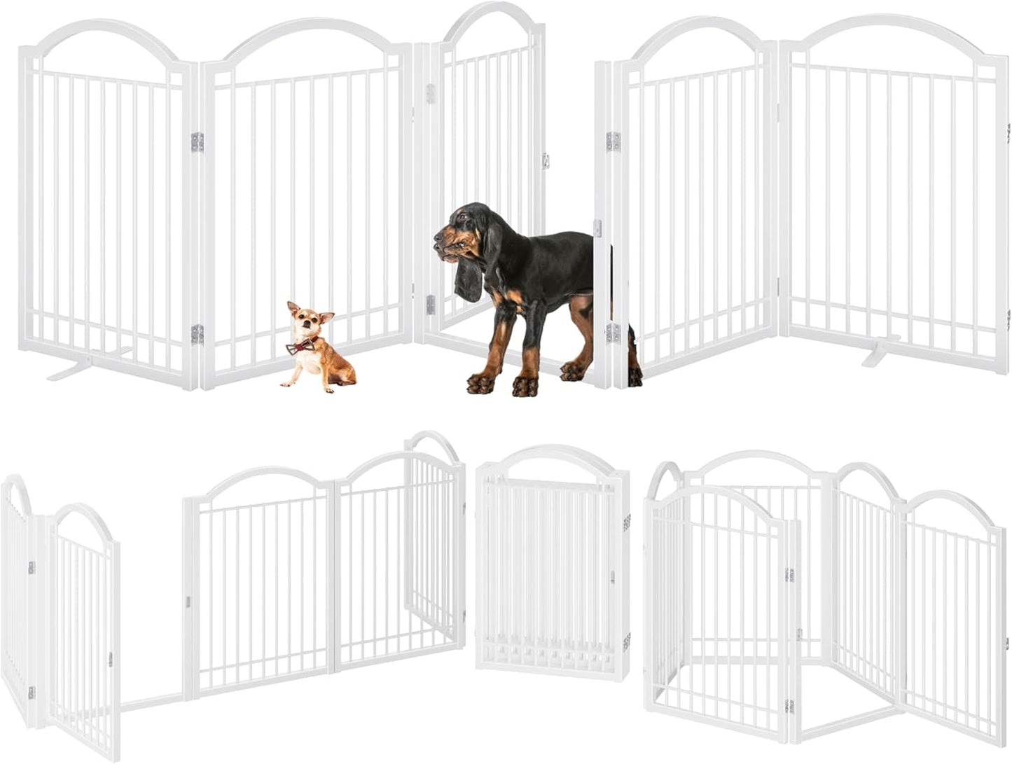 BHG Metal No-Assembly Freestanding Dog Gate with Door Walk Through, Extra Wide 144", Extra Tall 32" Pet Gate, Accordion Puppy Folding Playpen Dog Fence, with 2PCS Support (Black, 6 panesl)