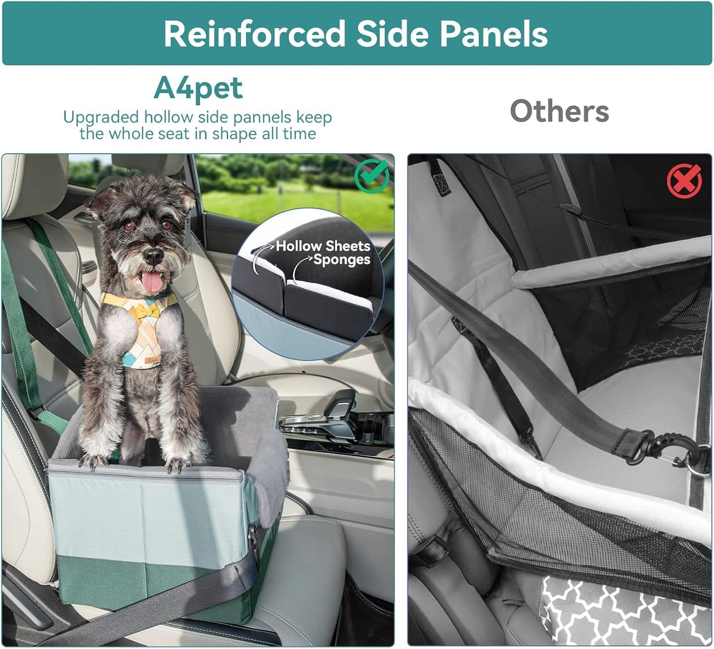 A 4 Pet Dog Car Seats for Small Dogs Under 25lbs – Safety Travel Booster Seat with Patent Buckles, Adjustable Leash – Reduces Anxiety & Road Trips – Frame Support for Cars, SUV, Pickup