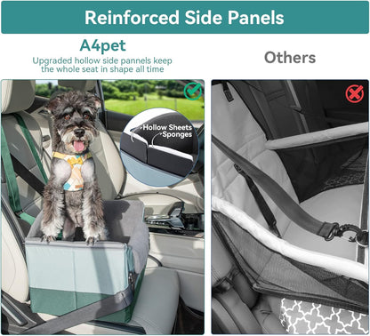 A 4 Pet Dog Car Seats for Small Dogs Under 25lbs – Safety Travel Booster Seat with Patent Buckles, Adjustable Leash – Reduces Anxiety & Road Trips – Frame Support for Cars, SUV, Pickup
