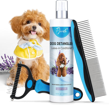 Pjordo Dog Detangler Spray, Natural Dog Leave in Conditioner Spray with Deshedding Brush and Metal Comb for Grooming and Mat Removal, Lavender Scent for Dogs