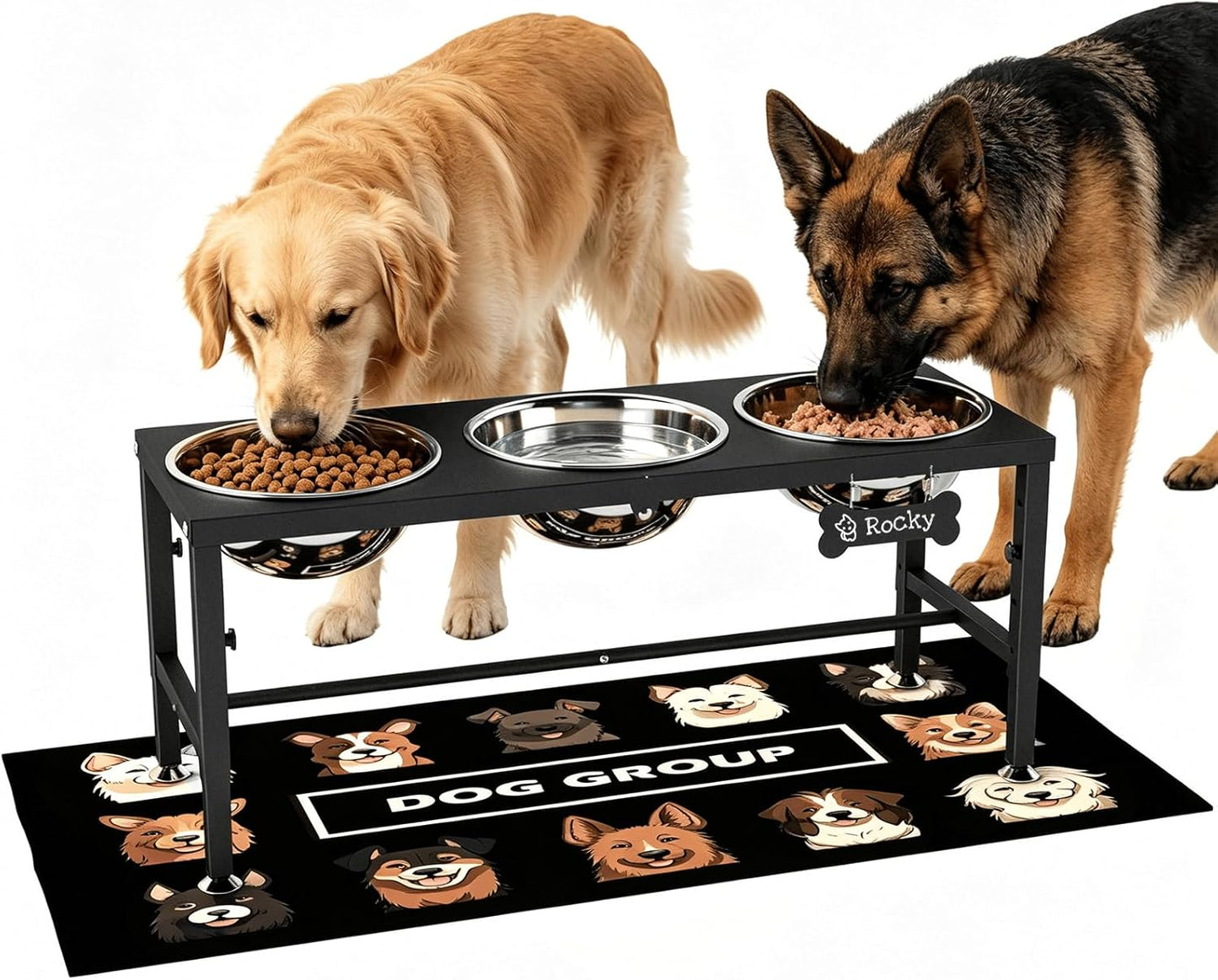 ADENGL Metal Raised Dog Bowl, 10" Tall Elevate Dog Feeder Stand with 2 Stainless Steel 42oz Bowls & 16x24 Non-Slip Mat – Stronger Dogs Food & Water Bowl Stand (Black)
