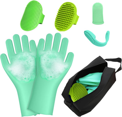 7PCS Dog Washing Gloves | Dog Bath Brush | Storage Bag | Dog Finger Toothbrush for Short & Long Haired Dogs & Cats | Efficient Deshedding Bathing & Massaging, Suitable for Pets (Sage Green)