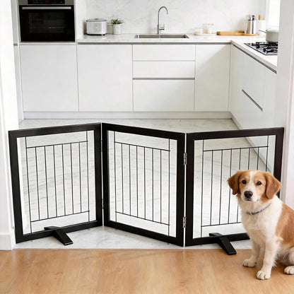 ZJSF Freestanding Dog Gate Indoor, Foldable Dog Fence for Doorways,Hallways or Stairs, Sturdy Wood Extra Wide Pet Gate with Support Feet,Black,24 "Height-3 Panels