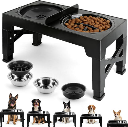 MECHEER 4-in-1 Dog Bowl Elevated Stand with Slow Feeder & Spill-Proof Water Bowl, 5-Height Adjustable Raised Dog Bowl for Large, Medium, and Small Dogs, Non-Slip Base Dog Feeding Station