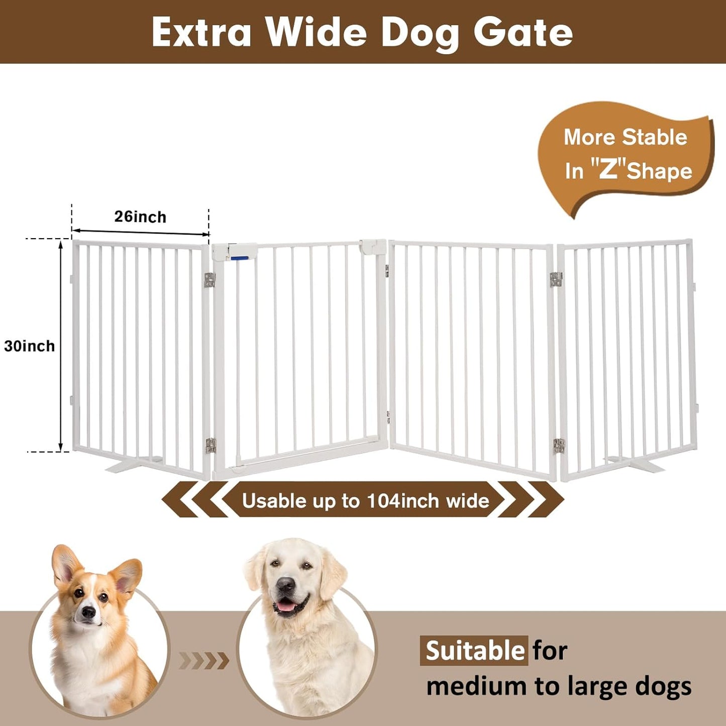 104" Extra Wide Dog Gate, Heavy Duty Metal Freestanding Dog Gate with Door for Indoor & Outdoor, Foldable Pet Fence for Doorways,House,Porch,Deck,Yard,Stairs, Auto Close(4 Panels,Black)