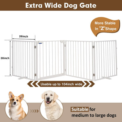104" Extra Wide Dog Gate, Heavy Duty Metal Freestanding Dog Gate with Door for Indoor & Outdoor, Foldable Pet Fence for Doorways,House,Porch,Deck,Yard,Stairs, Auto Close(4 Panels,Black)