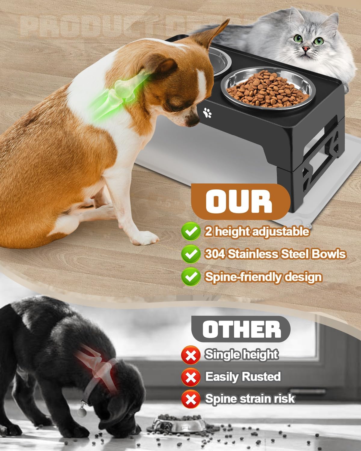 Jovrun Elevated Dog Bowls for Small Dogs and Cats, Non-Slip Cat Bowls with 2 Thick 5.5" Stainless Steel Dishes, Dog Feeder 2 Heights Adjustable to 2.6"-5.3"