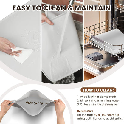 VIVAGLORY Dog Food Mat Flexmat Dog Bowl Mat, Placemat Food Tray with Raised Edges & Lip for Indoor Floor, Non Slip Waterproof Silicone Dish Placemat for Cat & Pet, S, Grey