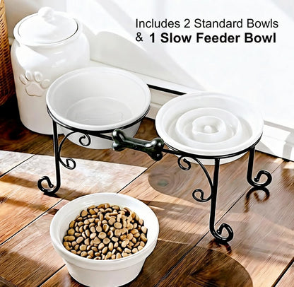 Elevated Dog Bowl Stand with 3 Large Ceramic Bowls – Raised Feeding Station for Medium & Large Dogs, Includes 2 Standard Bowls + 1 Slow Feeder, Durable Iron Frame, Non-Slip (White)
