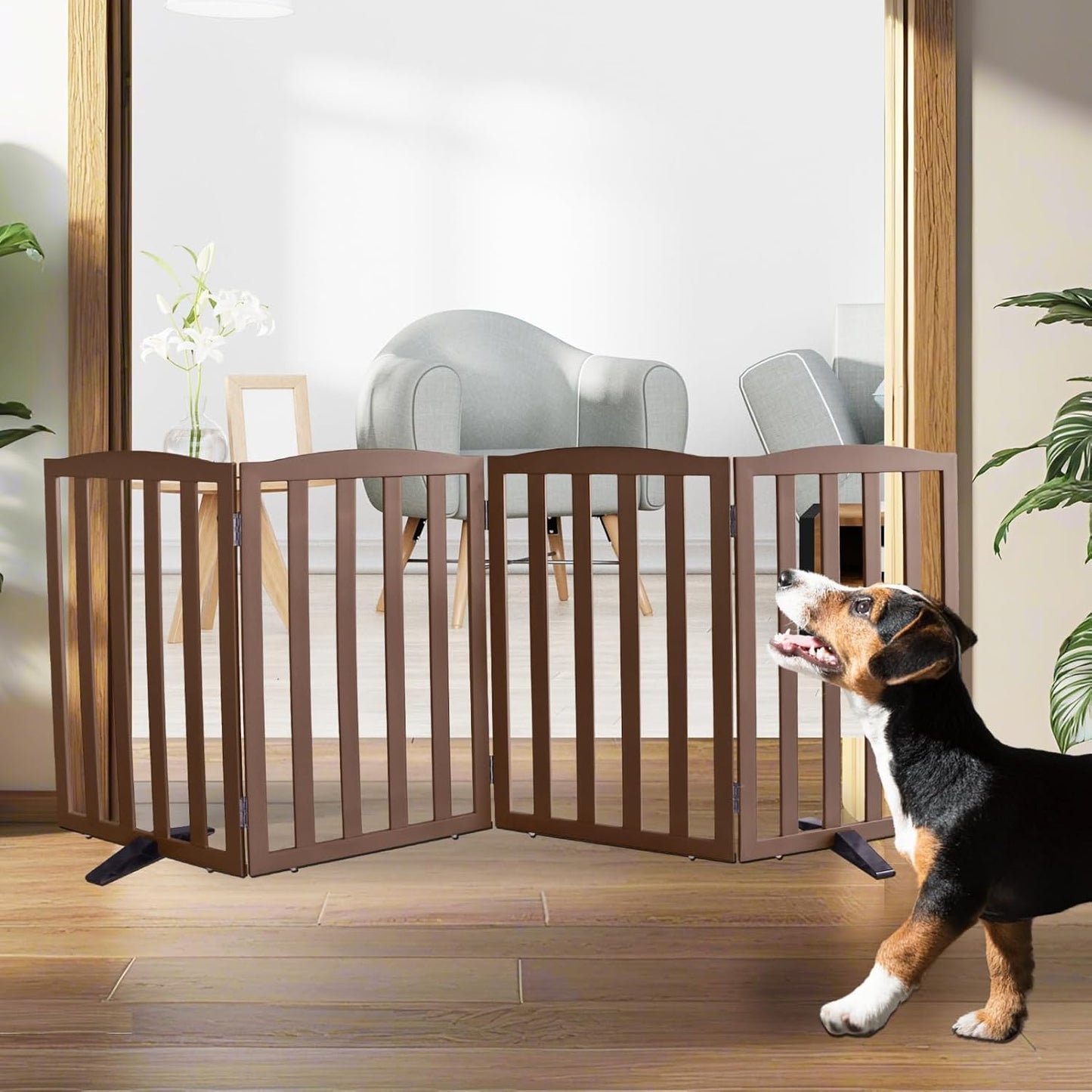 ZJSF Foldable Freestanding Indoor Dog Gate for House Wood White Long Pet Gates Dog Fence for Stairs Puppy Gates for Hallways,Pet Fence, Puppy Gate,Support Feet Included 24 "Height-3 Panels
